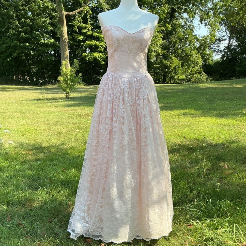 Vintage Gunne Sax Jessica McClintock Lace Strapless Wedding Dress Womens 8 Pink